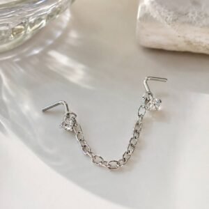 پیرسینگ بینی زنجیری نقره‌ای نگین‌دار با طراحی دو طرفه و زنجیر ظریف