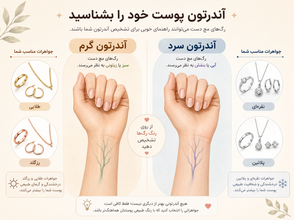 راهنمای بصری تشخیص آندرتون پوست برای انتخاب رنگ فلز مناسب پیرسینگ ناف طلایی یا نقره‌ای
