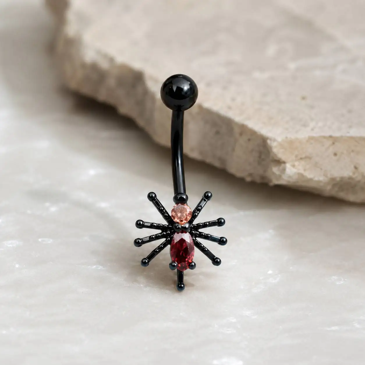 spider-belly-ring-red-pink-gems.jpg پیرسینگ ناف نگیندار طرح عنکبوت با میله خمیده مشکی