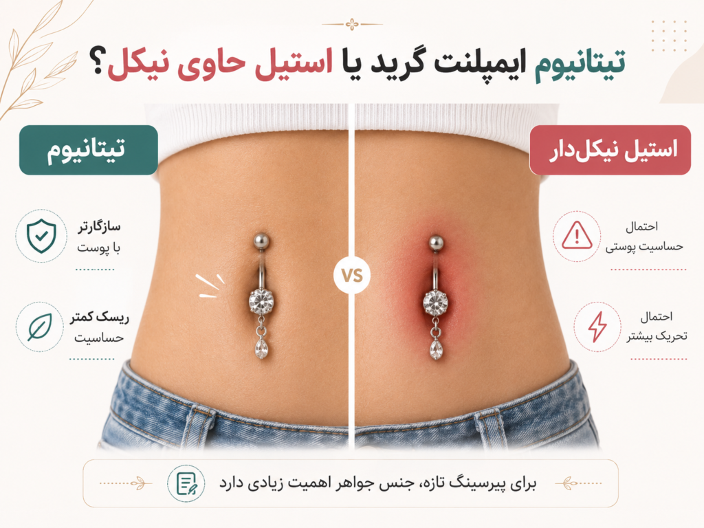 مقایسه جنس تیتانیوم ایمپلنت گرید و استیل نیکل‌دار در پیرسینگ ناف