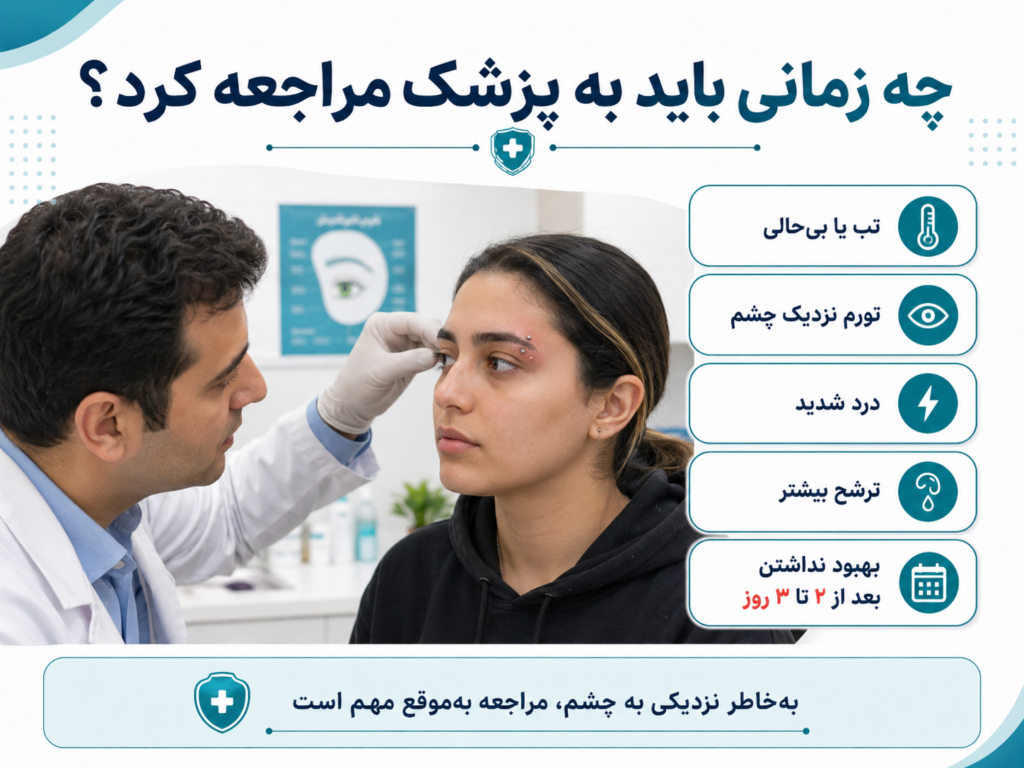 مراجعه به پزشک برای بررسی عفونت شدید پیرسینگ ابرو