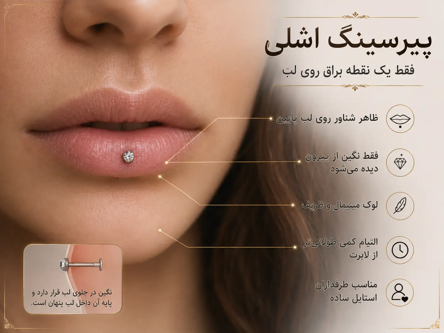 پیرسینگ اشلی با جلوه شناور روی لب پایین