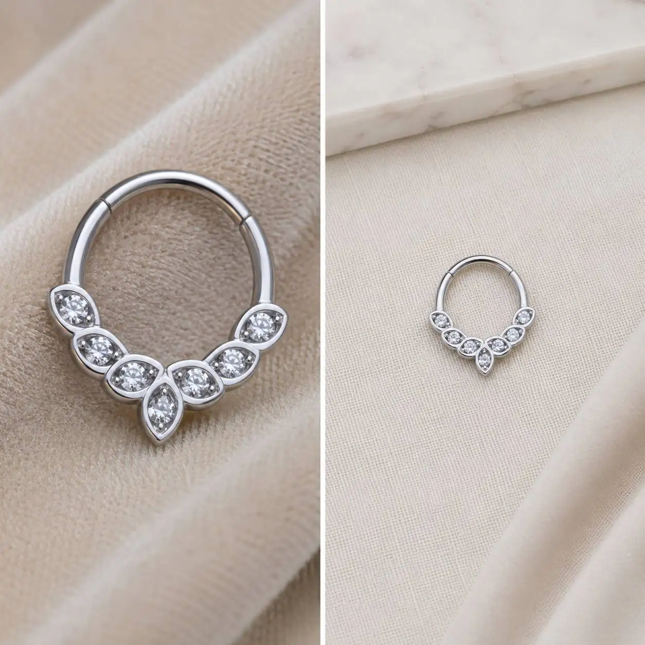 gem-leaf-septum-piercing-close-up نمای نزدیک پیرسینگ سپتوم نگیندار با طراحی برگ و نگین اشکیشکل