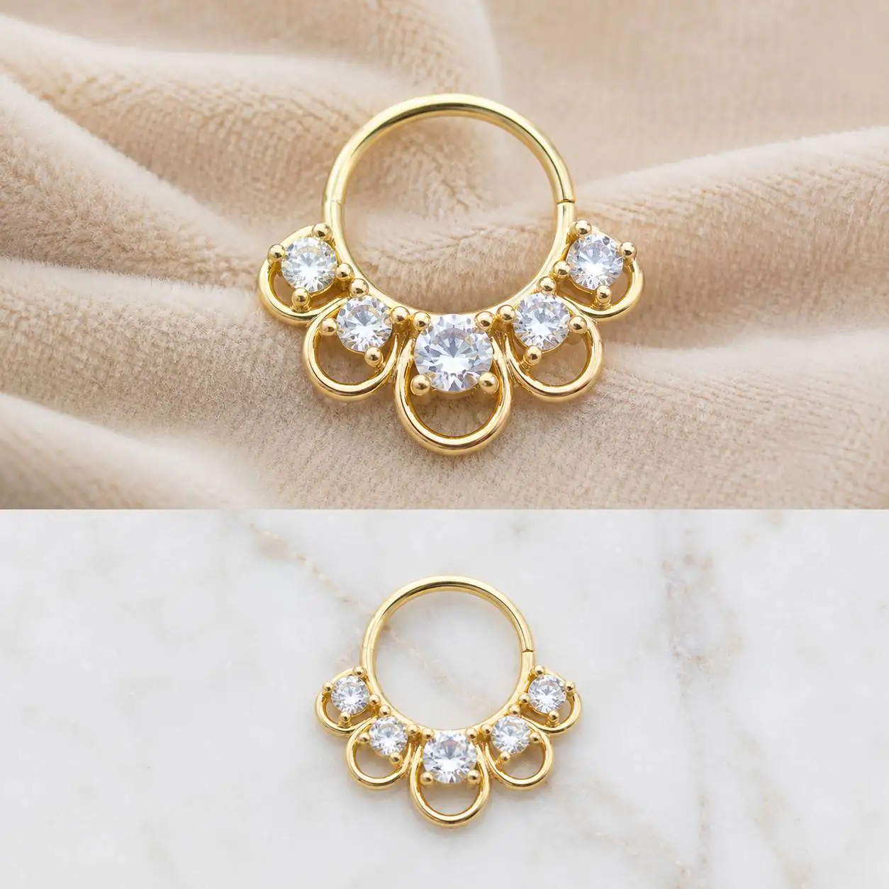 gold-septum-piercing-burgundy-fabric پیرسینگ سپتوم طلایی پنج نگین روی پارچه نخی زرشکی