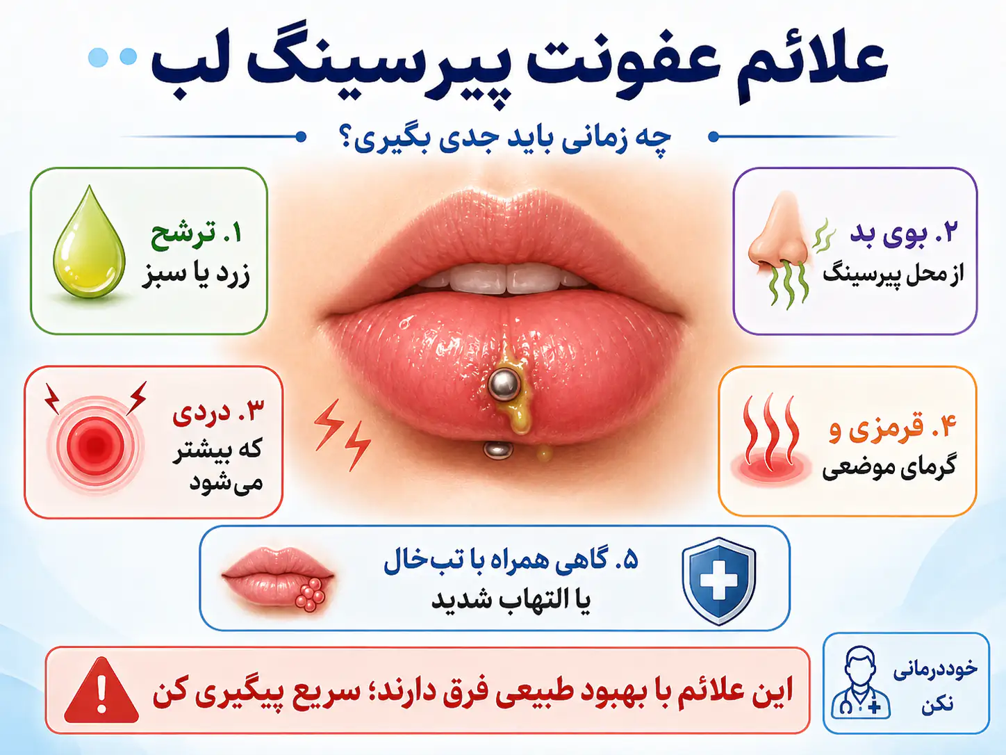 علائم عفونت پیرسینگ لب مثل ترشح و قرمزی