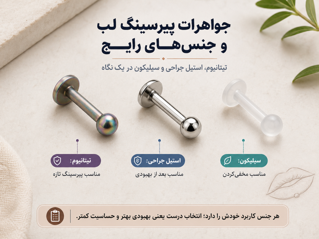 جواهرات مختلف پیرسینگ لب از جنس تیتانیوم استیل و سیلیکون کنار هم