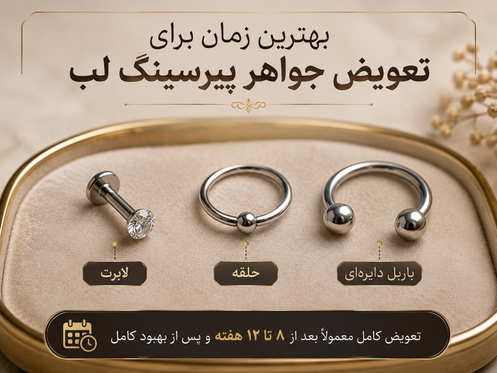 مجموعه‌ای از جواهرات مختلف پیرسینگ لب شامل حلقه و باربل
