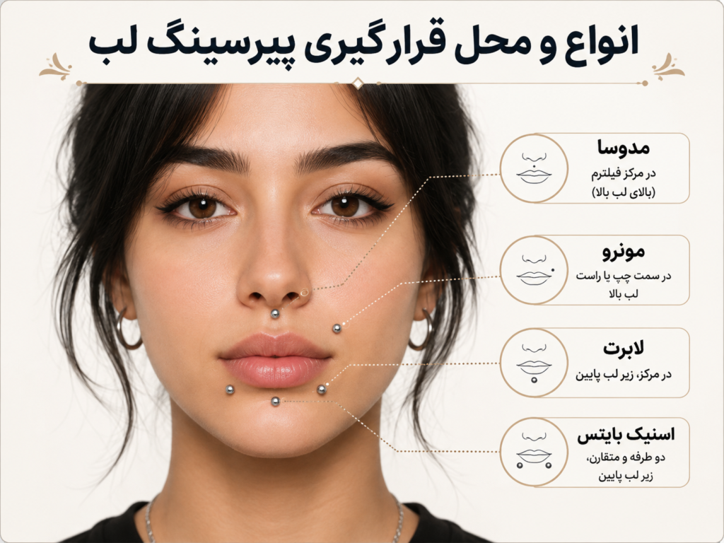 انواع مختلف پیرسینگ لب و محل قرارگیری آن روی صورت