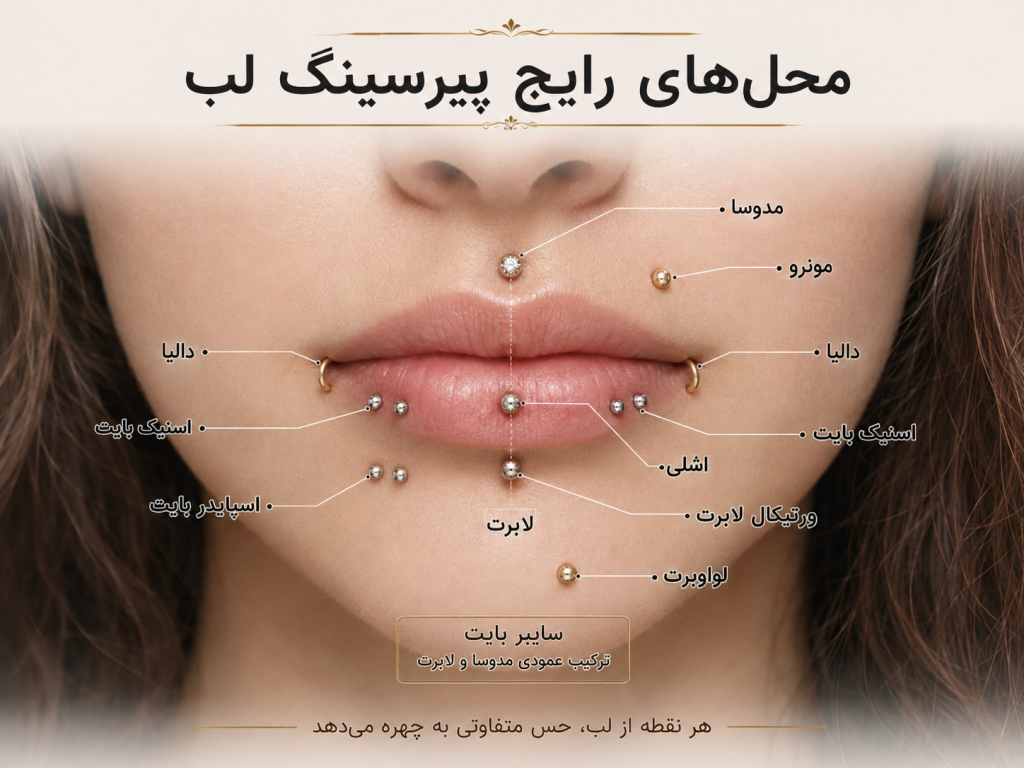 نمای نزدیک از انواع مختلف پیرسینگ لب روی صورت