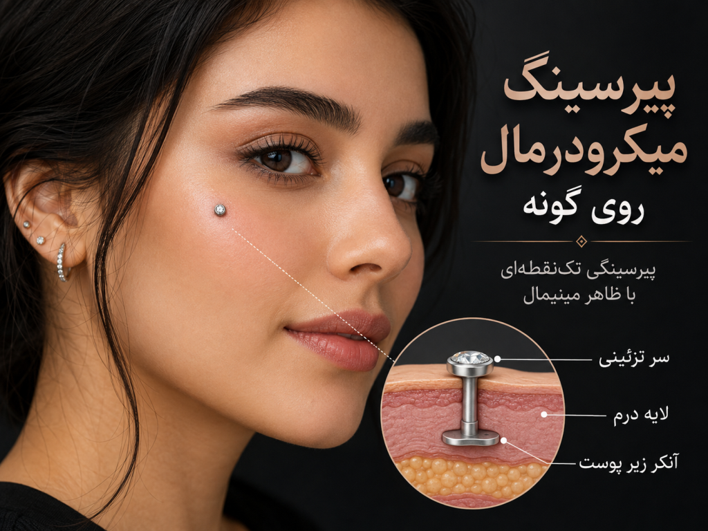 نمای نزدیک از پیرسینگ میکرودرمال روی گونه صورت