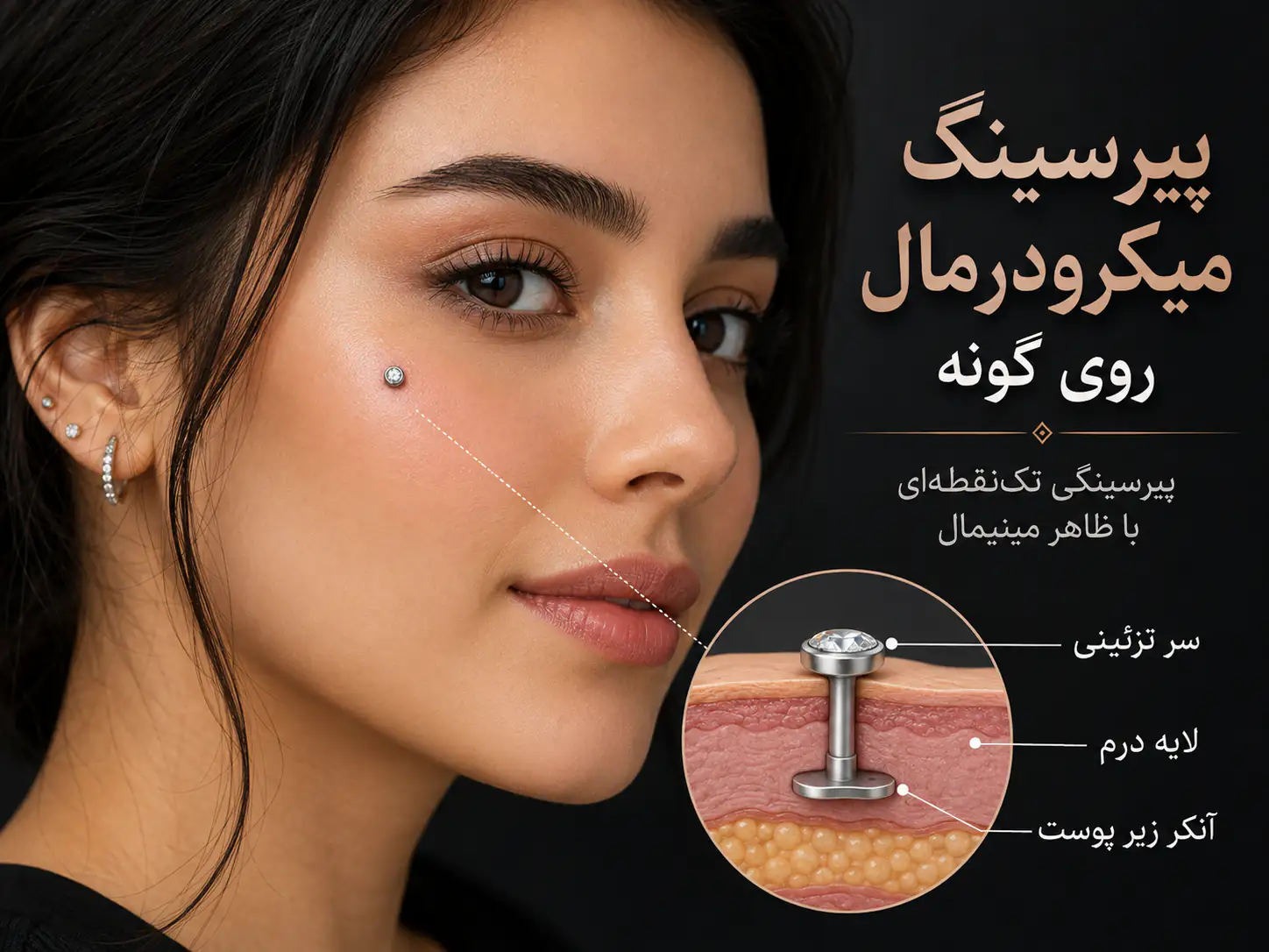 نمای نزدیک از پیرسینگ میکرودرمال روی گونه صورت