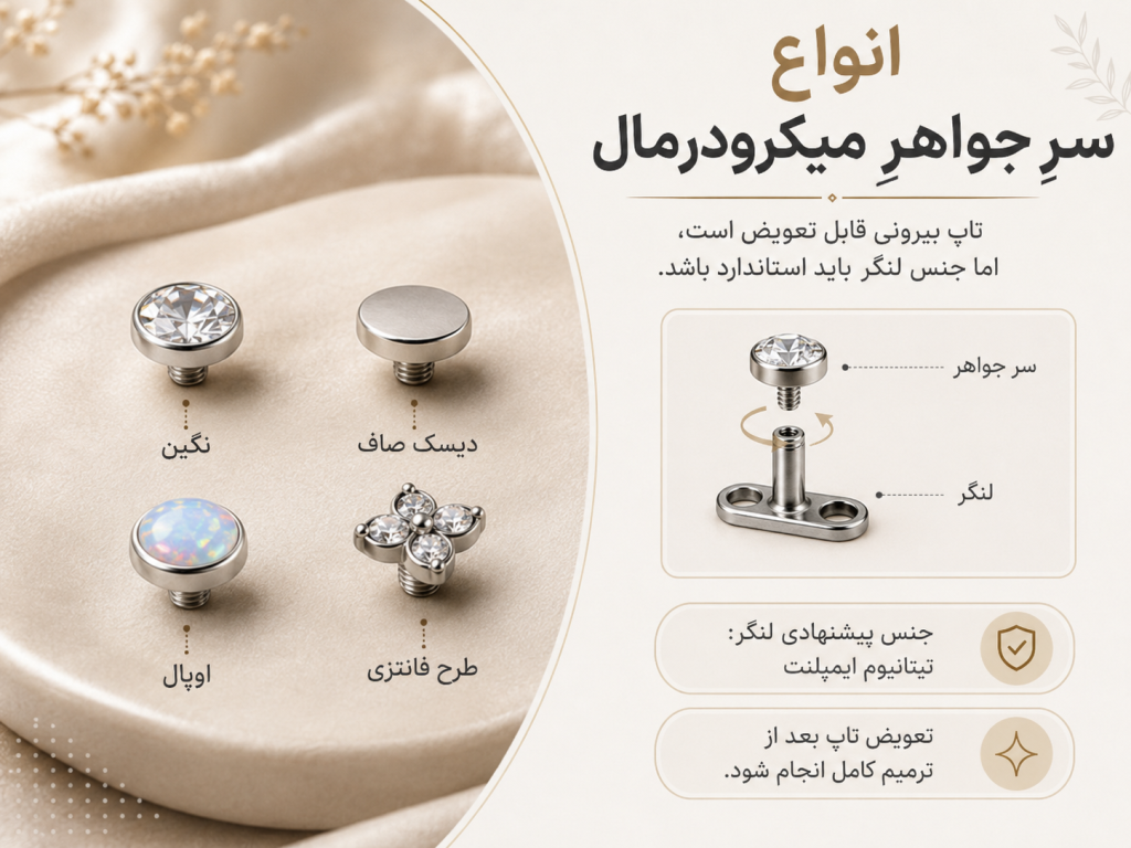 انواع جواهر تاپ میکرودرمال شامل نگین، دیسک و طرح فانتزی