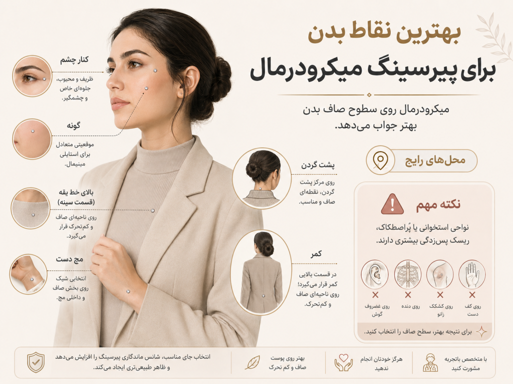نقاط رایج بدن برای پیرسینگ میکرودرمال شامل گونه، ترقوه، مچ دست و کمر