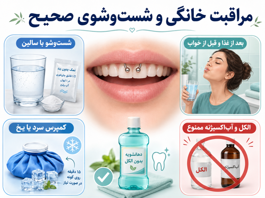 نحوه شست‌وشوی خانگی پیرسینگ اسمایل با محلول نمکی برای کاهش التهاب
