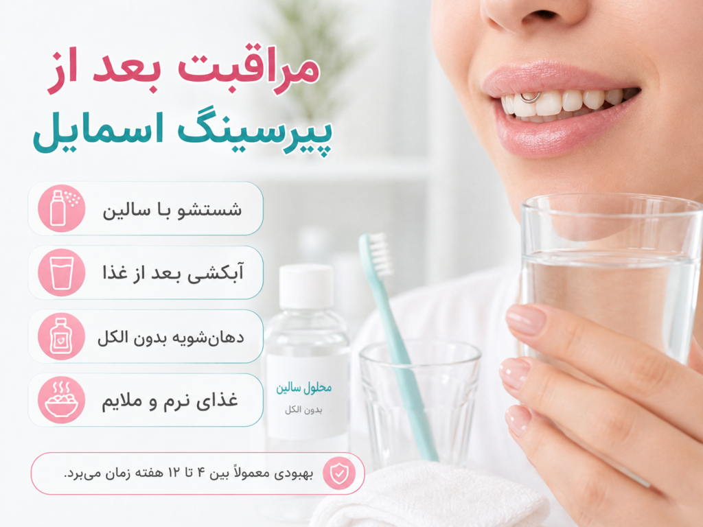 مراقبت و شستشوی پیرسینگ اسمایل با محلول نمکی