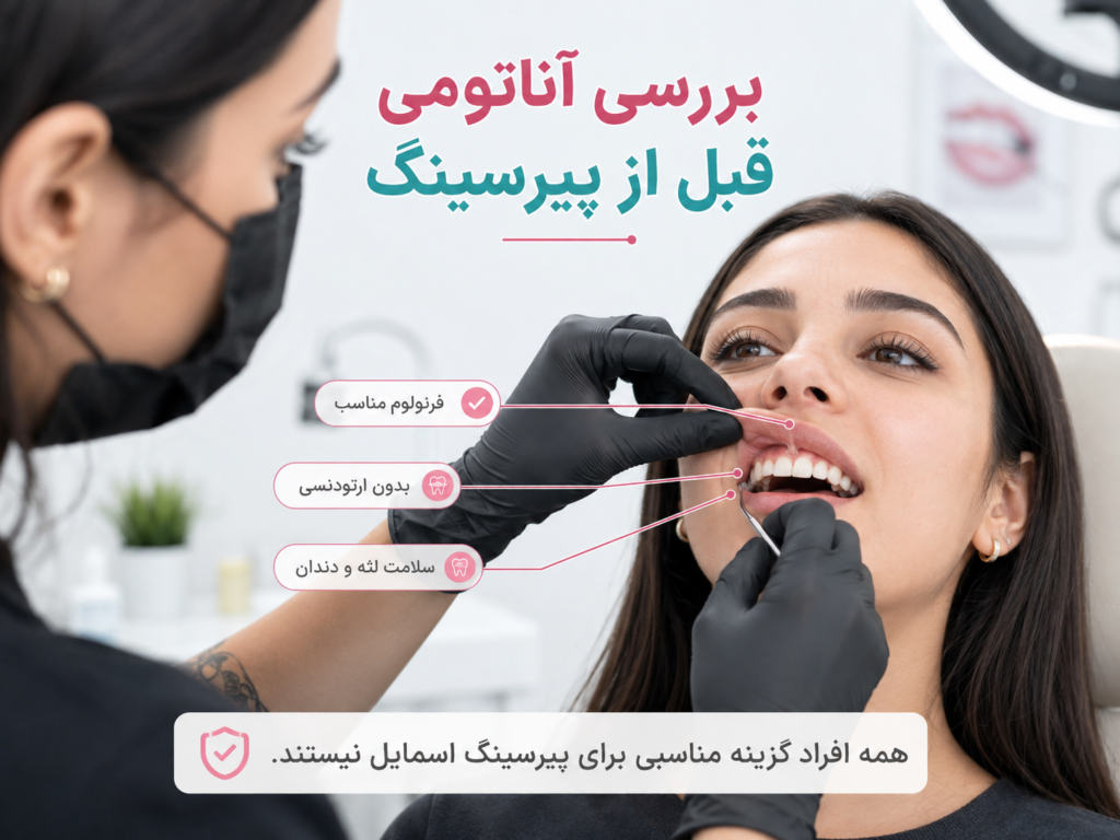 پیرسر در حال بررسی آناتومی دهان قبل از پیرسینگ اسمایل