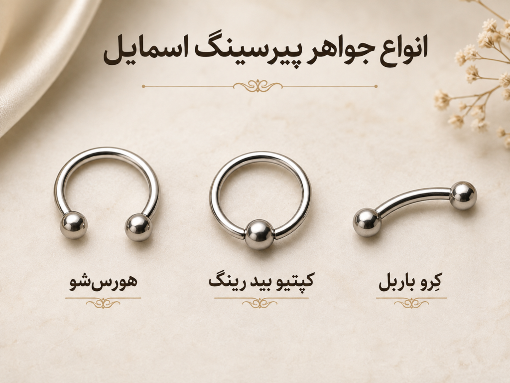 انواع جواهر پیرسینگ اسمایل شامل هورس شو، کپتیو بید رینگ و کرو باربل