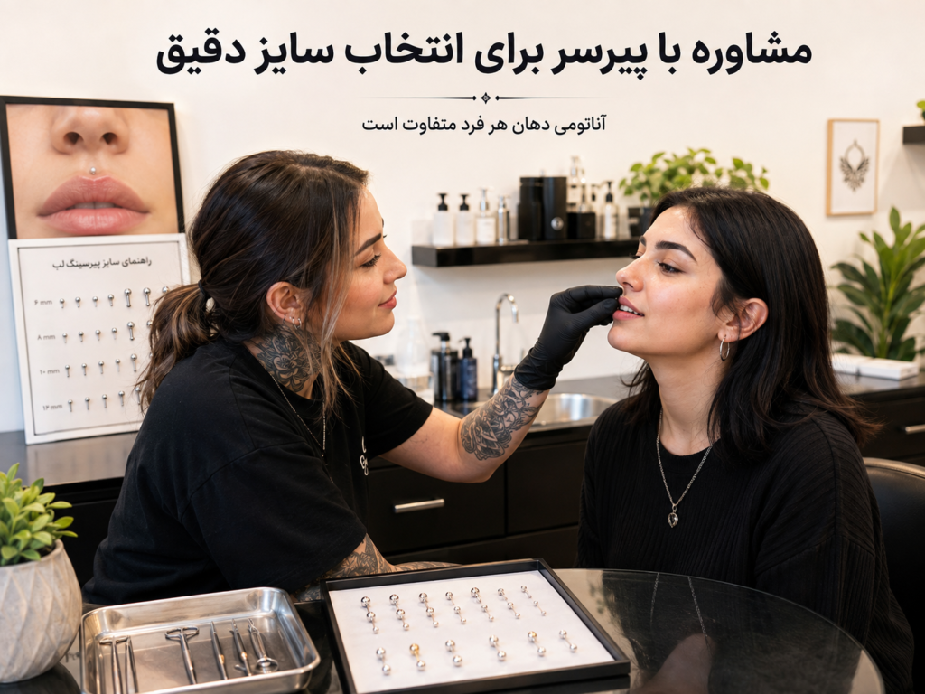 مشاوره با پیرسر برای تعیین سایز دقیق پیرسینگ اسمایل