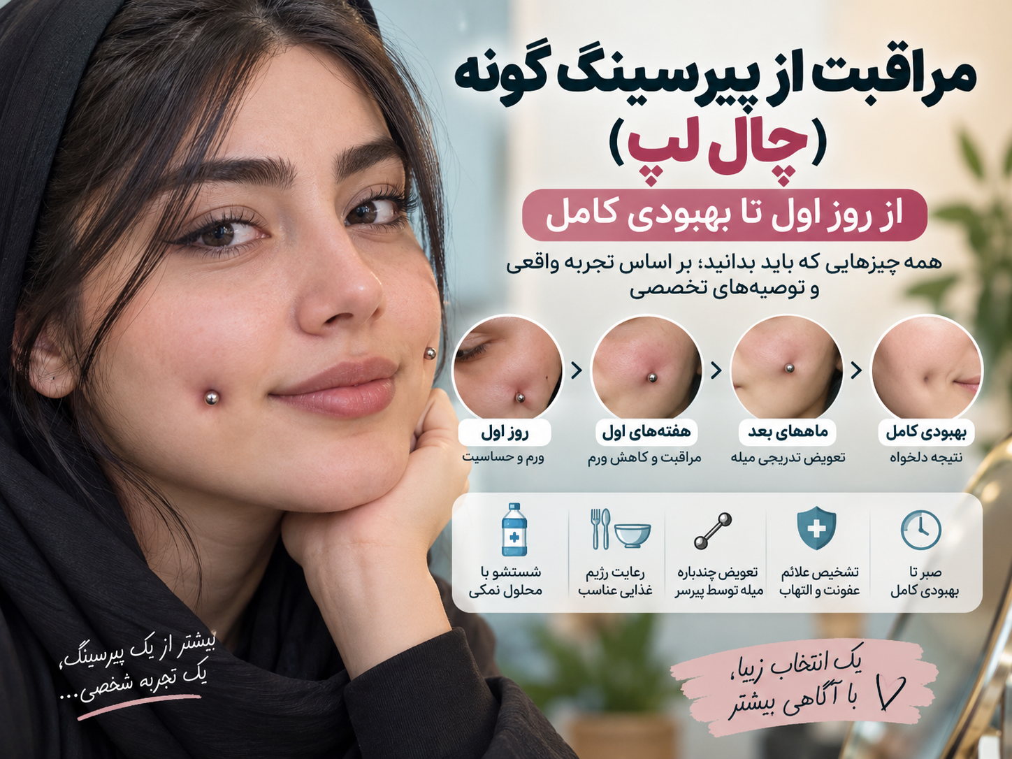 مراقبت از پیرسینگ گونه (چال لپ) + از روز اول تا بهبودی کامل