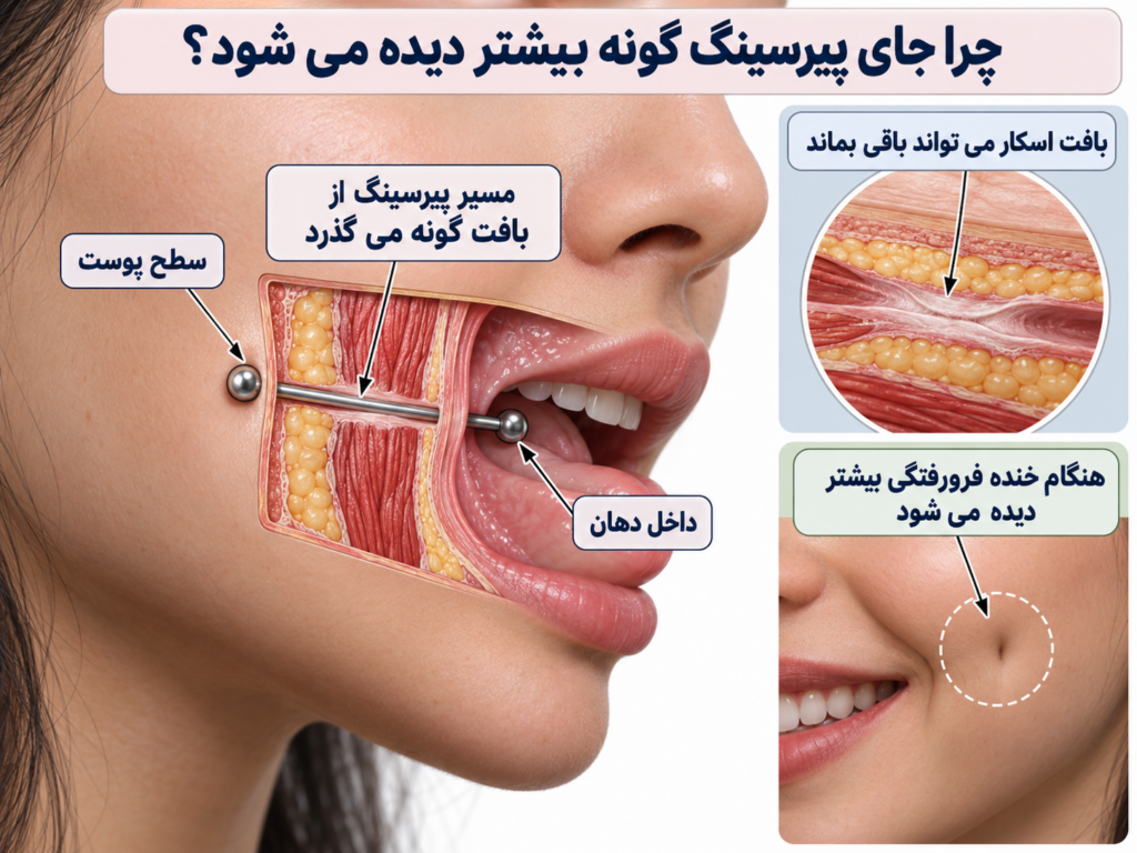 نمای شماتیک مسیر پیرسینگ گونه از پوست تا داخل دهان و محل تشکیل بافت اسکار