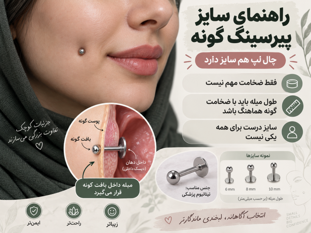 راهنمای انتخاب سایز مناسب پیرسینگ گونه و چال لپ