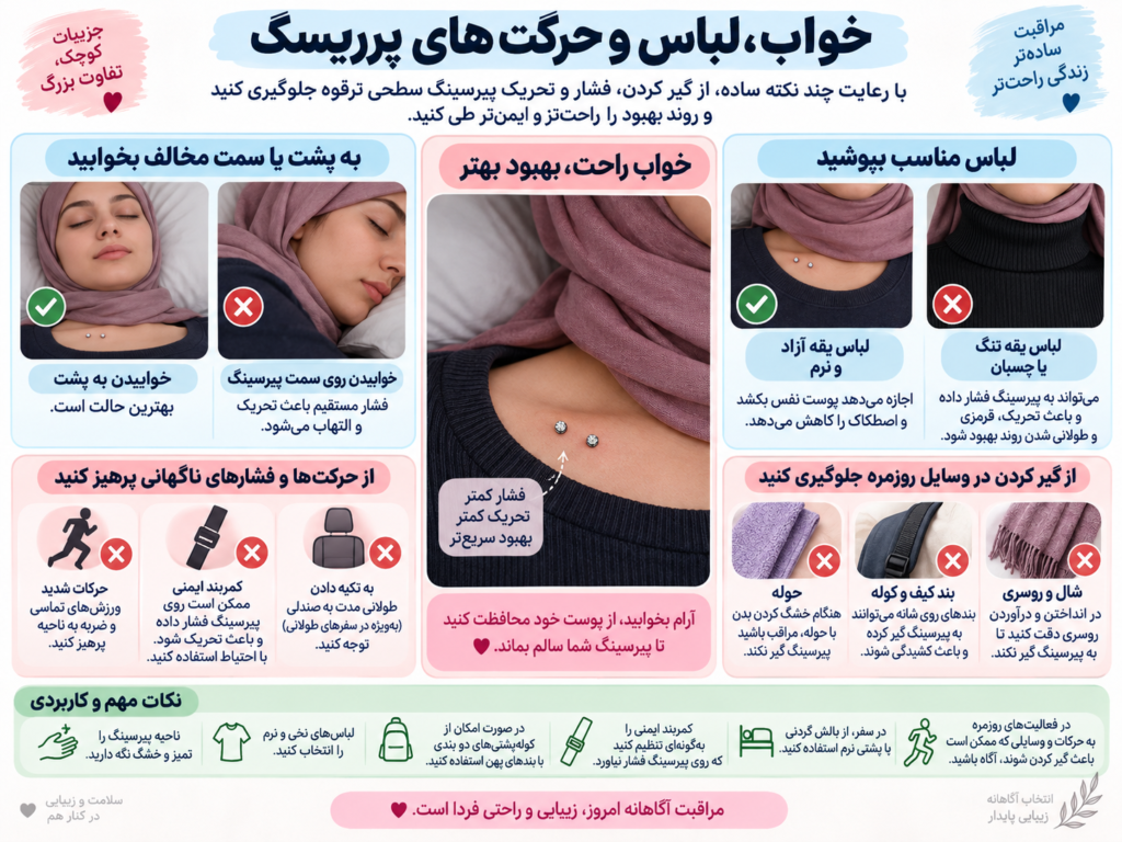 نحوه صحیح خوابیدن و پوشیدن لباس برای جلوگیری از گیر کردن پیرسینگ ترقوه