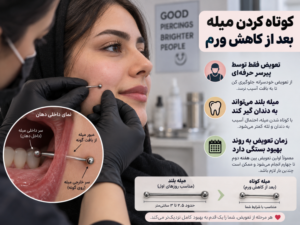 تعویض و کوچک کردن میله پیرسینگ گونه توسط پیرسر حرفه‌ای