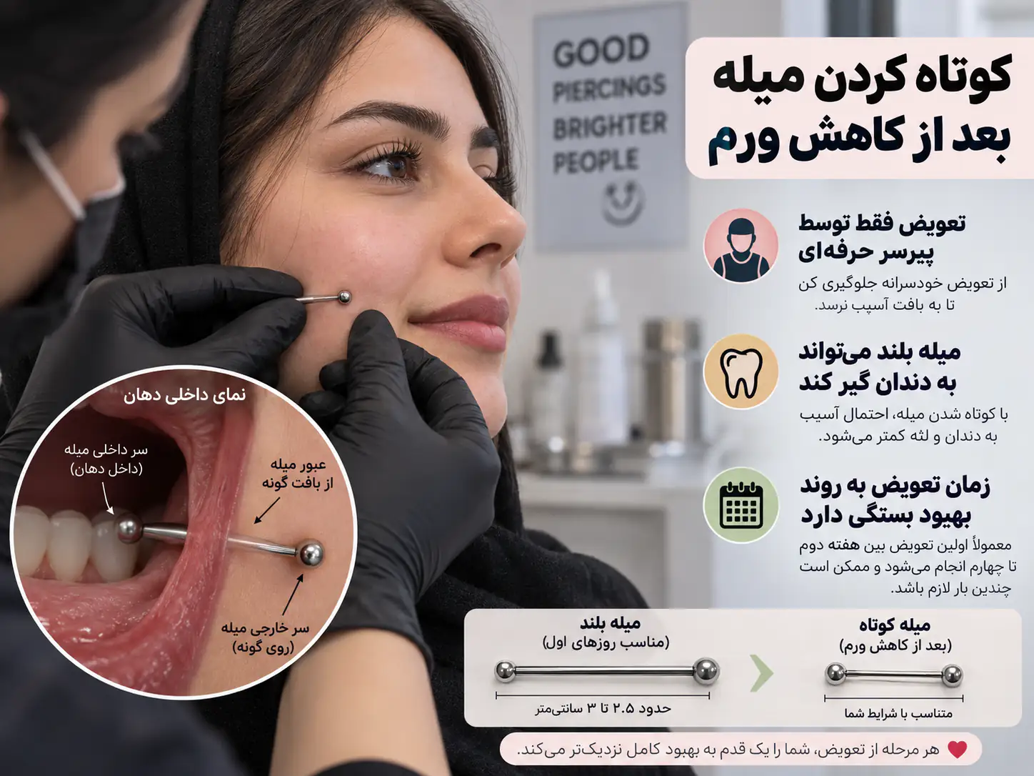 تعویض و کوچک کردن میله پیرسینگ گونه توسط پیرسر حرفهای
