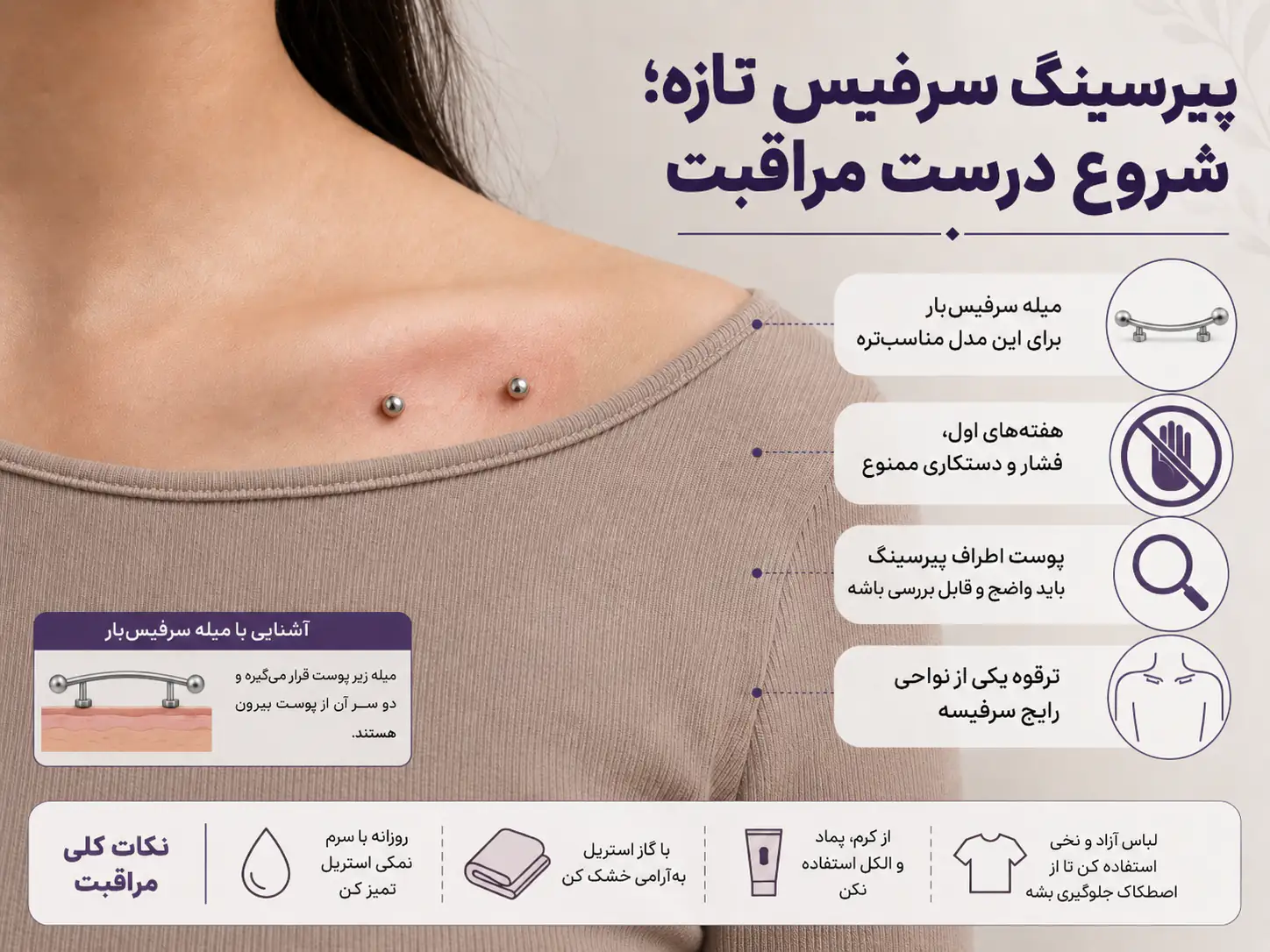 پیرسینگ سرفیس تازه با میله سرفیس بار روی پوست