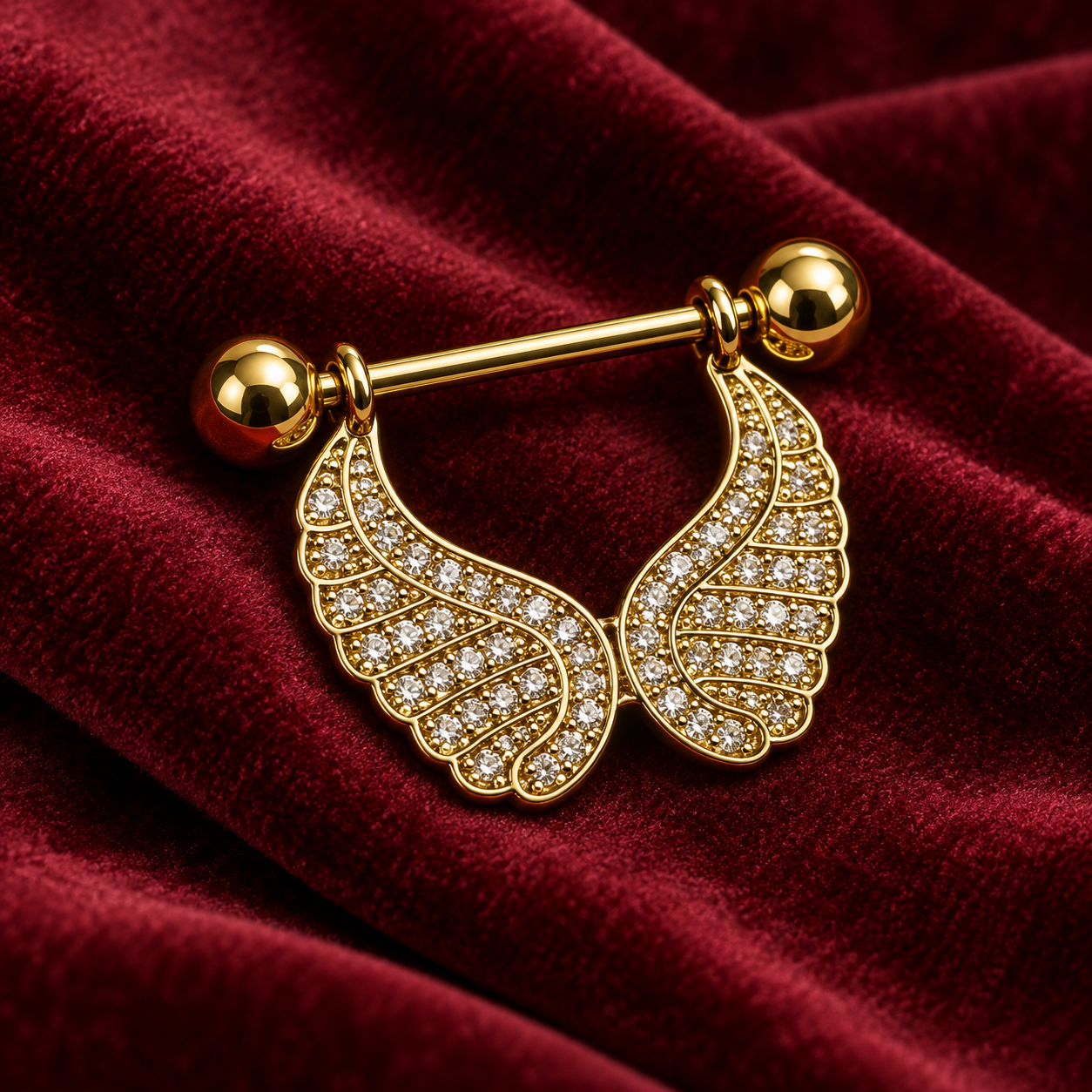 gold-angel-wing-nipple-piercing-front-view پیرسینگ نیپل طلایی بال فرشته نگیندار با طراحی خاص