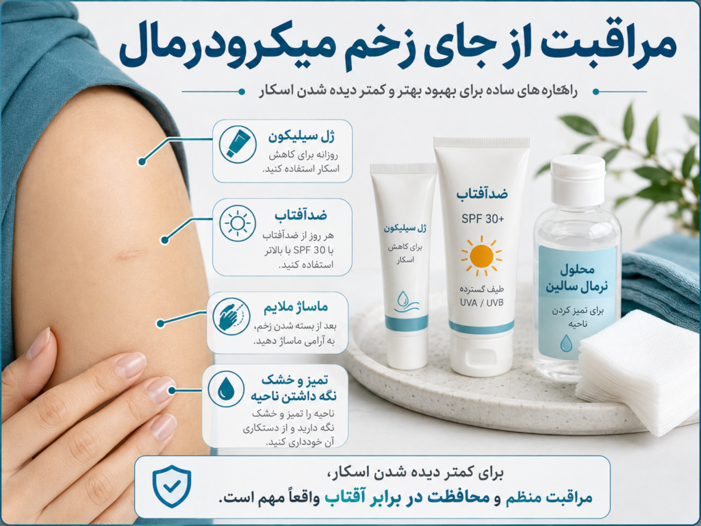مراقبت از جای زخم میکرودرمال با ژل سیلیکون و ضدآفتاب
