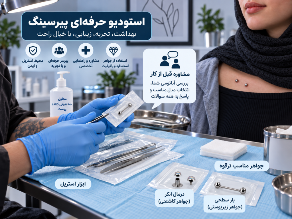 استودیو پیرسینگ حرفه‌ای با تجهیزات استریل برای پیرسینگ ترقوه