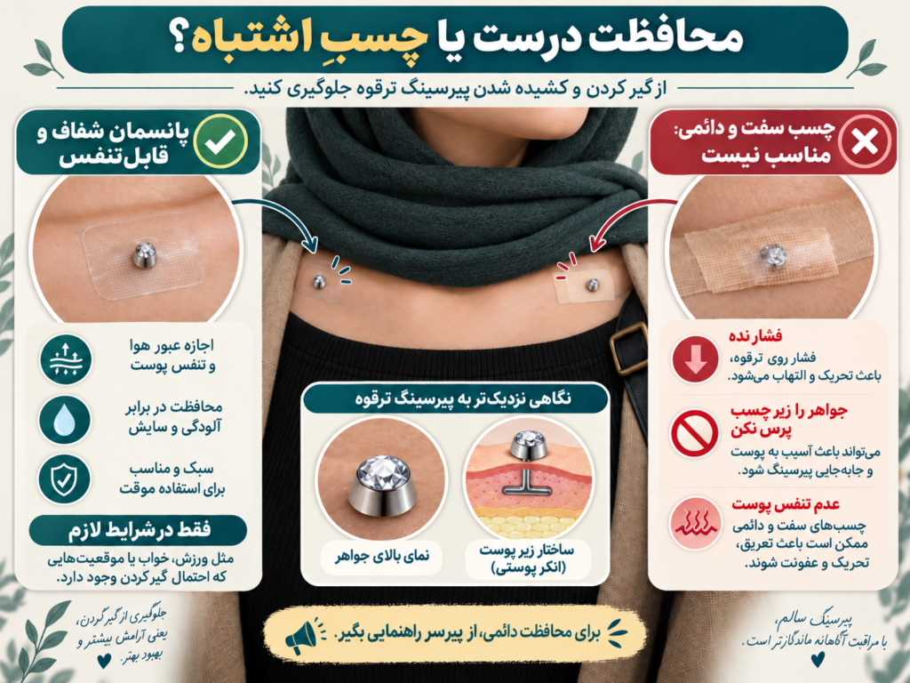 تفاوت محافظت صحیح از پیرسینگ ترقوه با فشار دادن جواهر زیر چسب نامناسب