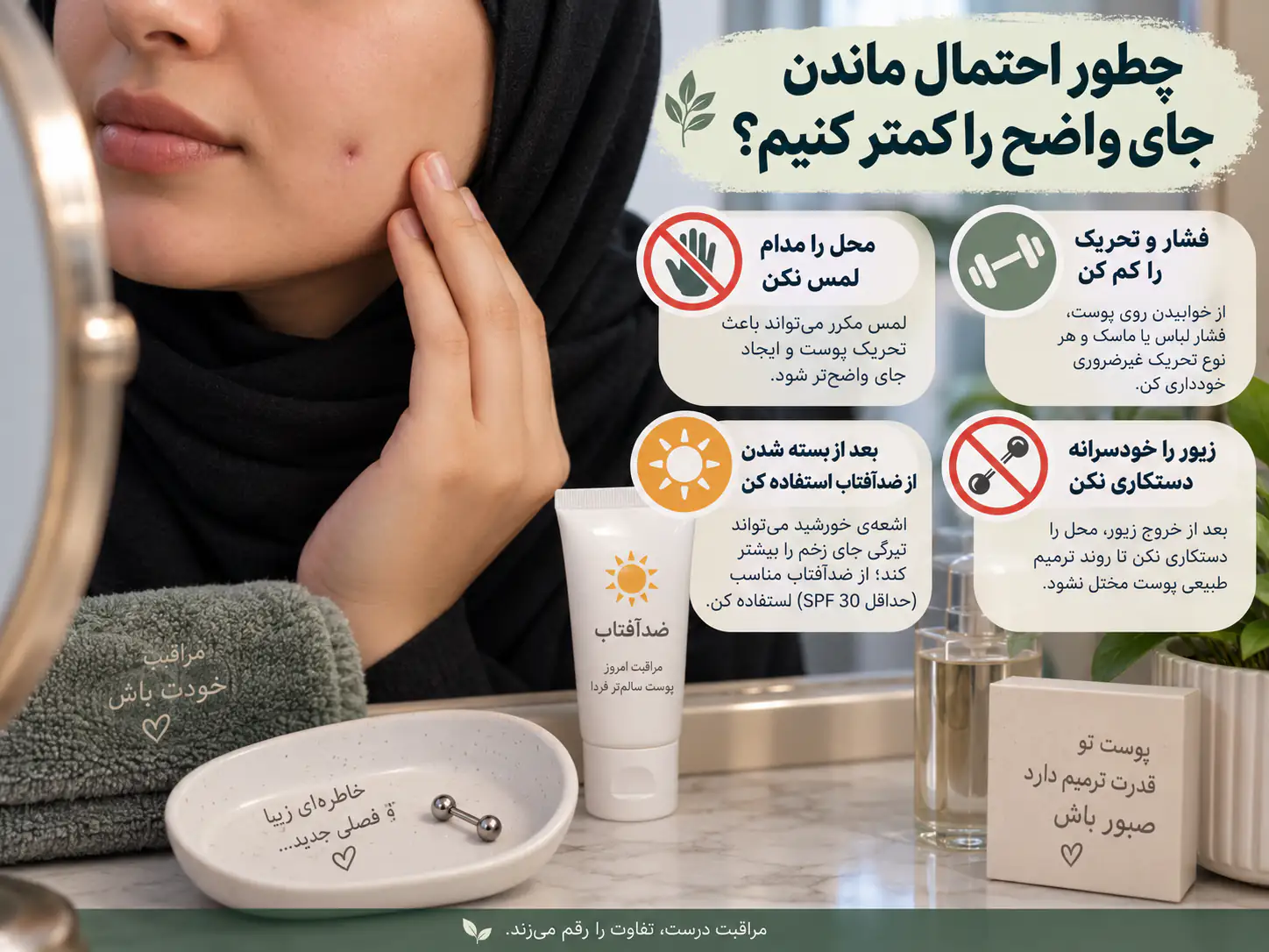 مراقبت از پوست پس از خارج کردن پیرسینگ گونه برای کاهش دیده شدن جای زخم