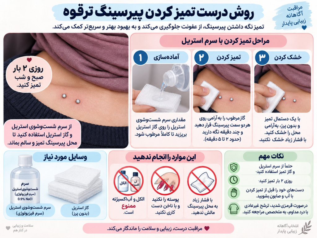 روش صحیح تمیز کردن پیرسینگ ترقوه با محلول نمکی استریل