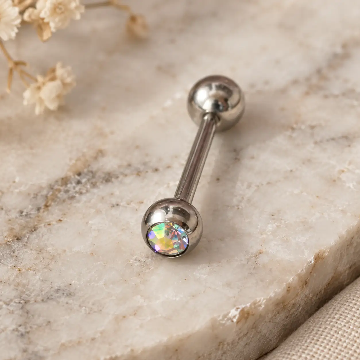 silver-rainbow-barbell-piercing-marble.webp پیرسینگ باربل نقرهای دو گوی با نگین تراشدار هفترنگ