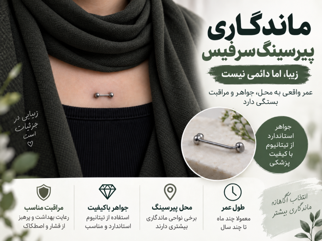 پیرسینگ سرفیس با جواهر میله‌ای روی پوست جناغ سینه