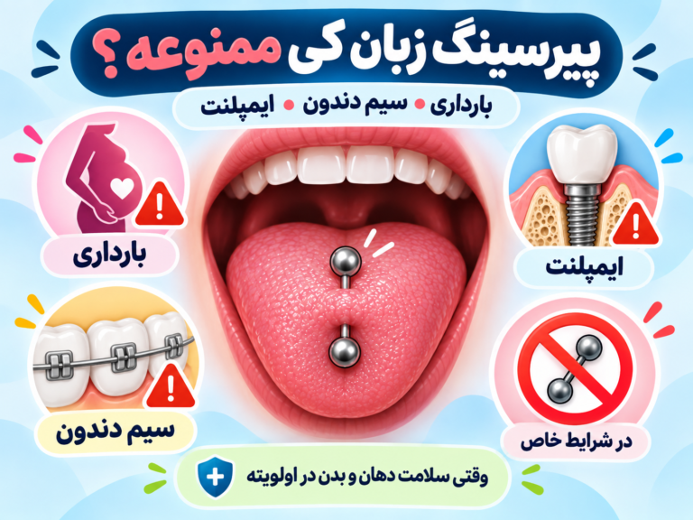 پیرسینگ زبان در شرایط ممنوع شامل بارداری، سیم دندان و ایمپلنت دندان