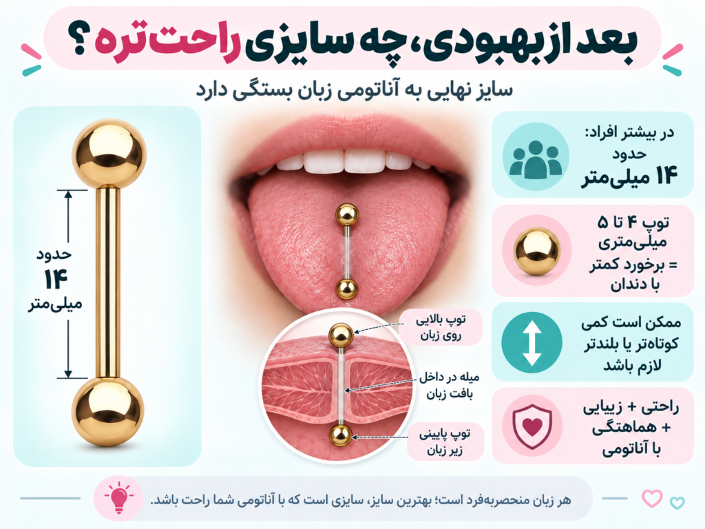 میله پیرسینگ زبان با طول نهایی بعد از دوره بهبودی کامل