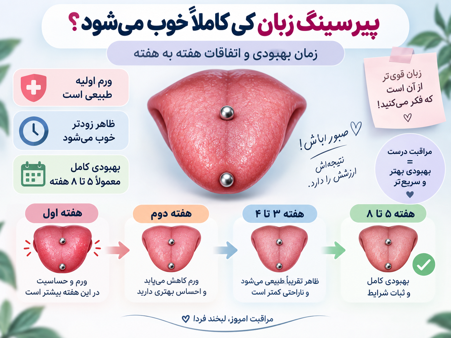پیرسینگ زبان کی کاملا خوب میشه؟ زمان بهبودی و اتفاقات هفته به هفته