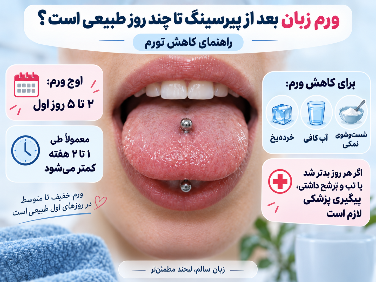 ورم زبان بعد از پیرسینگ تا چند روز طبیعی است؟ راهنمای کاهش تورم