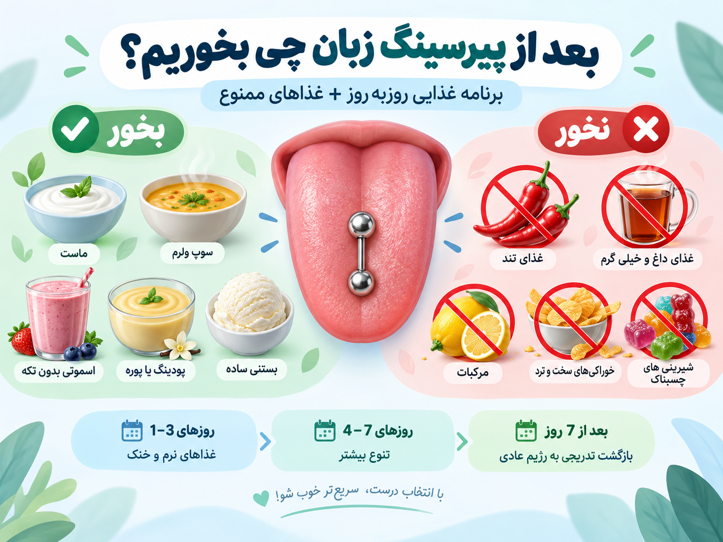 بعد از پیرسینگ زبان چی بخوریم؟ برنامه غذایی روز به روز و غذاهایی که باید فراموششون کنی