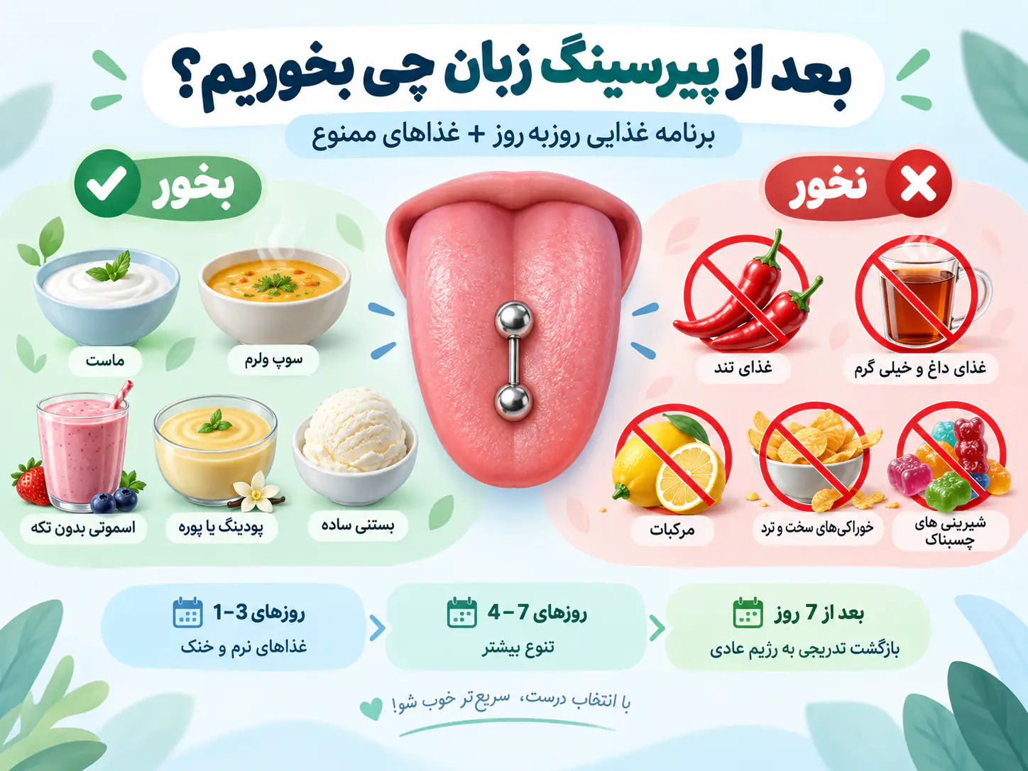 بعد از پیرسینگ زبان چی بخوریم؟ برنامه غذایی روز به روز و غذاهایی که باید فراموششون کنی
