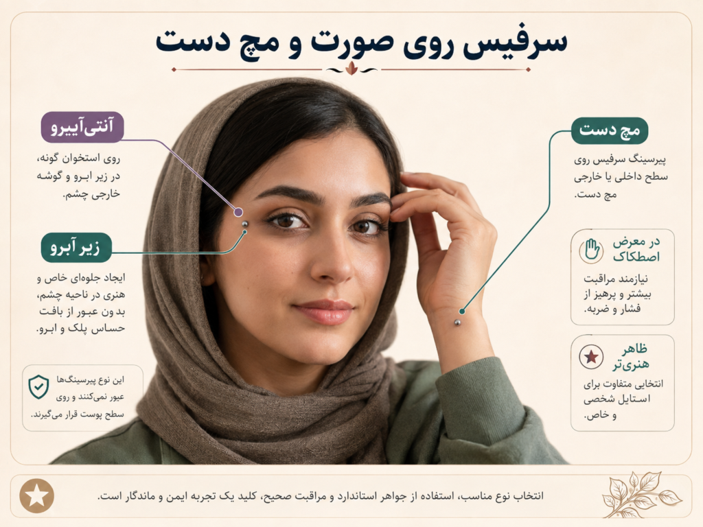 پیرسینگ سرفیس روی مچ دست و زیر ابرو