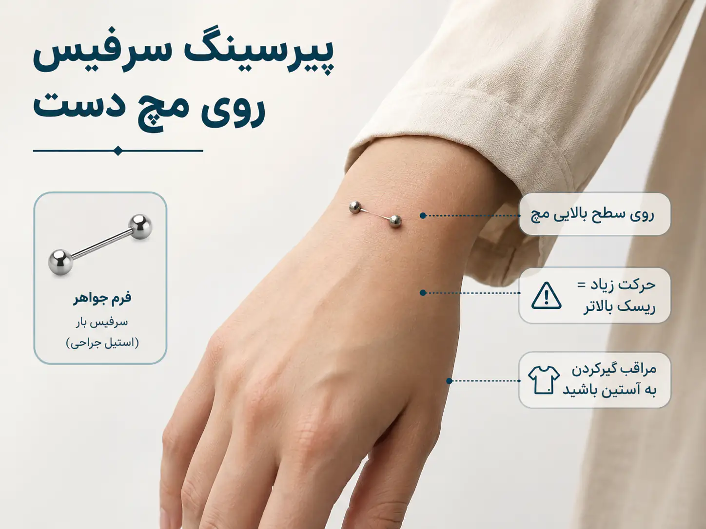 پیرسینگ سرفیس روی مچ دست با سرفیس بار