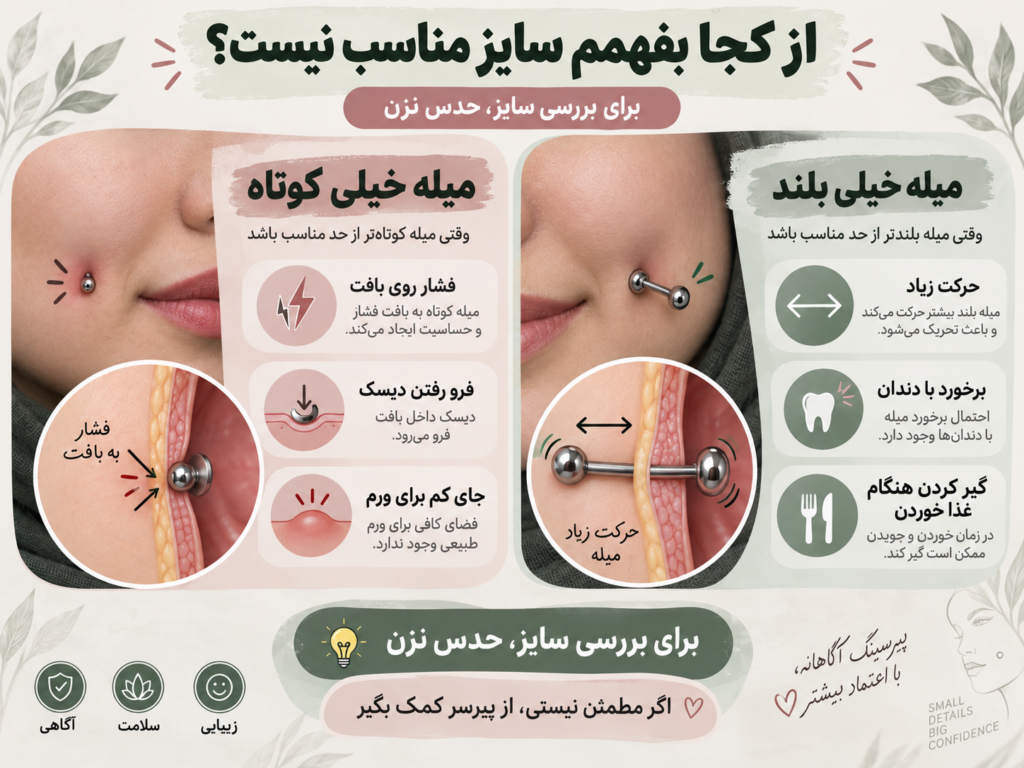 نشانه های کوتاه یا بلند بودن نامناسب میله پیرسینگ گونه