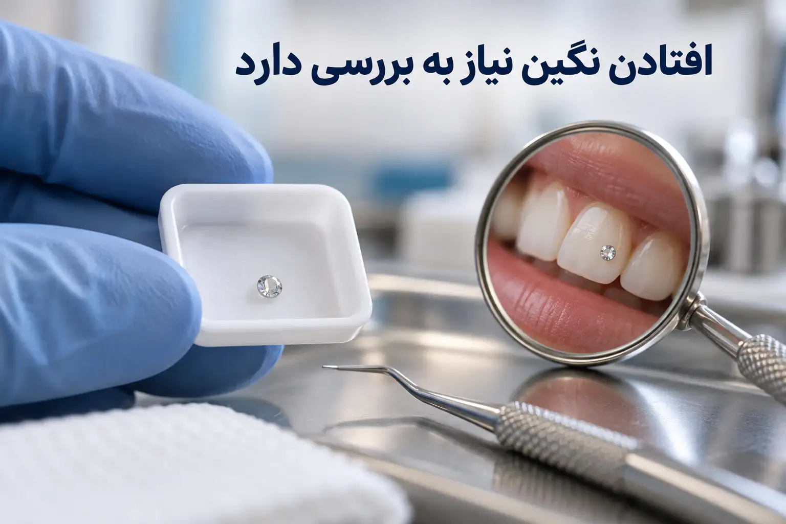 تصویر توضیحی نگین جدا شده در ظرف کنار آینه دندانپزشکی