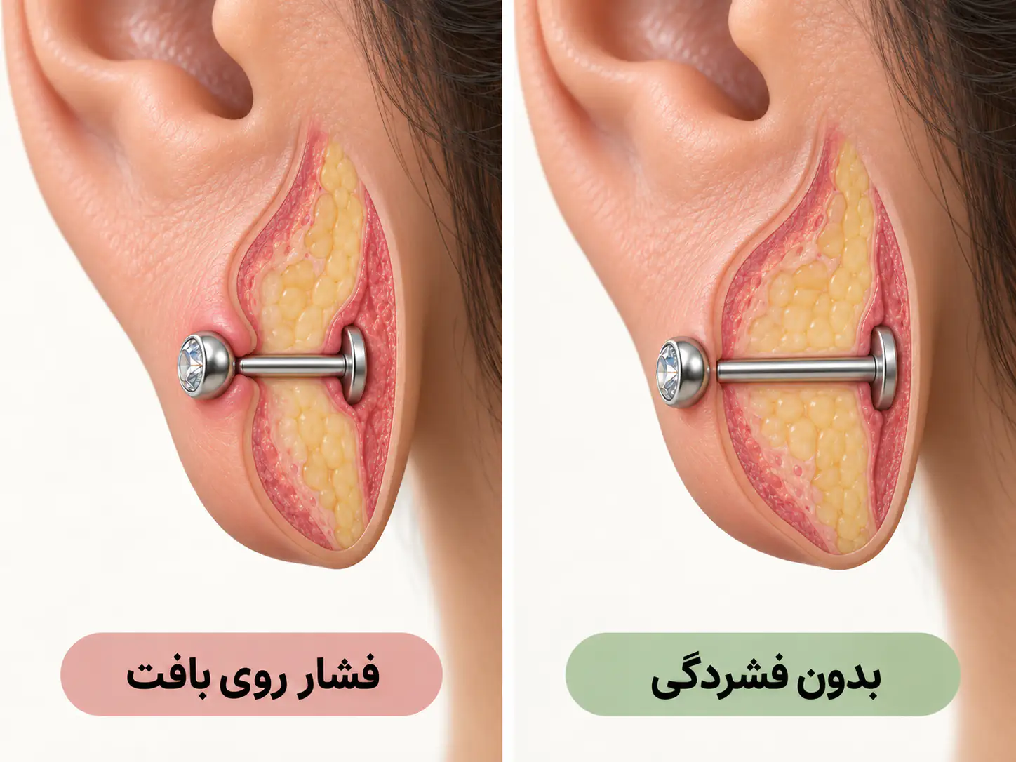 مقایسه آموزشی زیور فشرده در نرمه گوش با میله دارای فضای متناسب با بافت