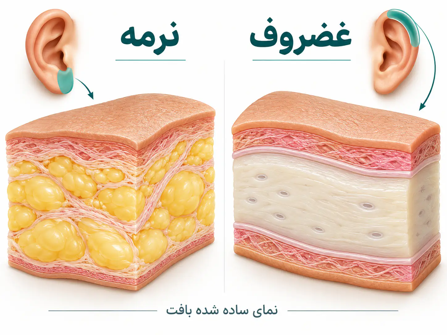 دو نمای آموزشی از بافت نرم نرمه و غضروف سفت در بخش بالایی گوش