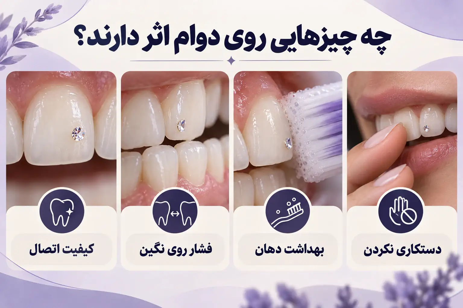 اینفوگرافیک عوامل دوام شامل اتصال، فشار روی نگین، بهداشت و دستکاری